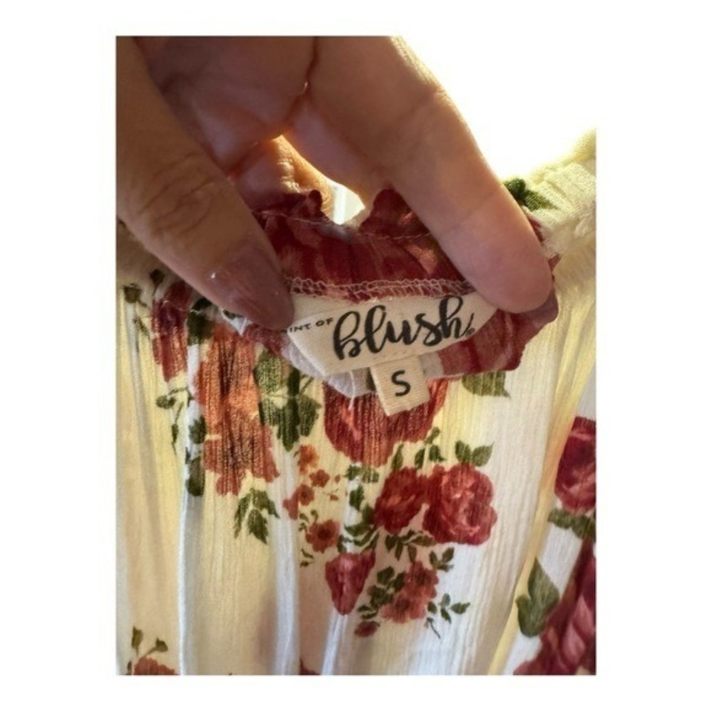 BLUSH Off Shoulder Floral Mini Dress Red Roses Smocked Waist Bohemian Size S - Picture 3 of 4